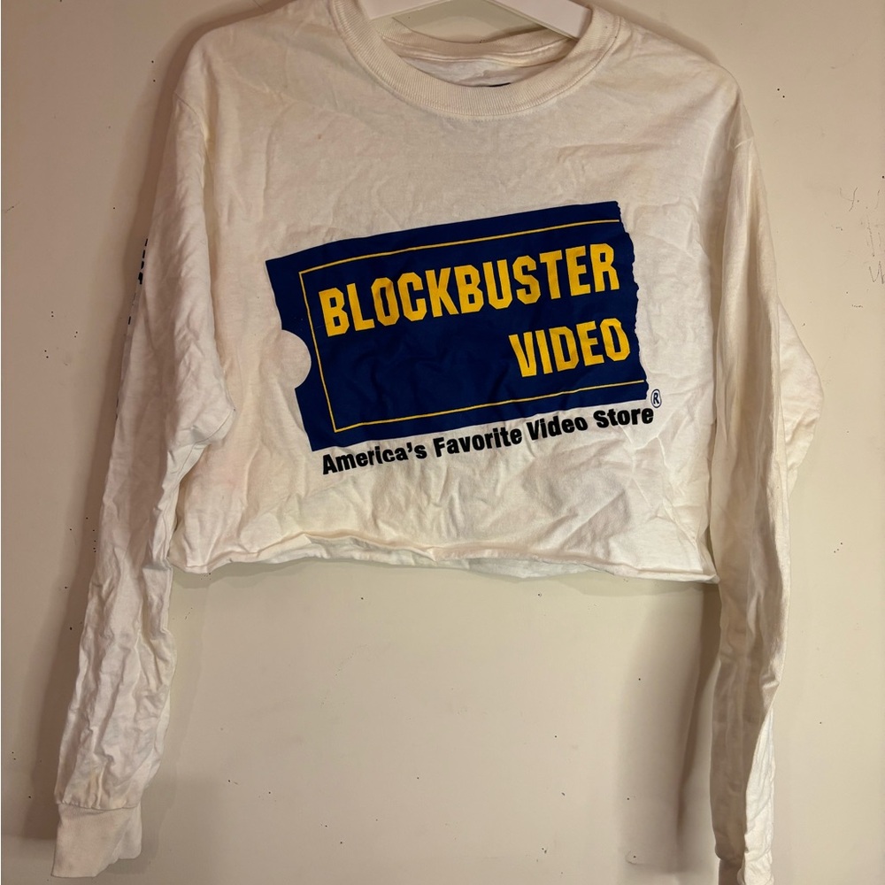 White Crop Long Sleeve T-Shirt with Blue Graphic